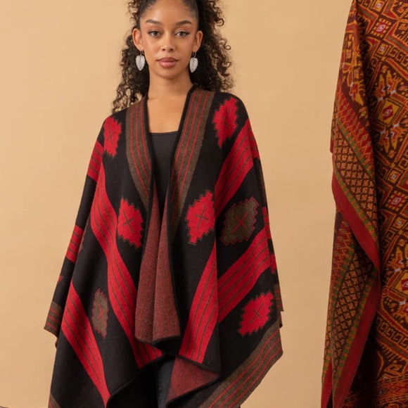 NWOT Alpaca Ruana, Navajo, Red/Black/Brown (One Size) - Picture 2 of 15